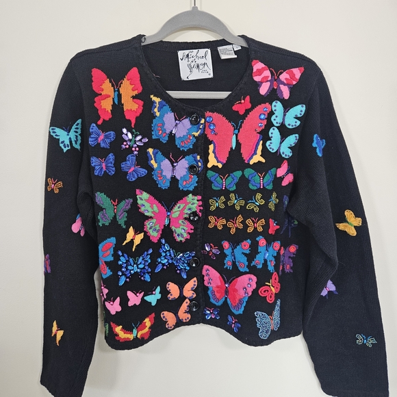 Michael Simon Black Cardigan with Colorful Butterflies - Picture 1 of 4